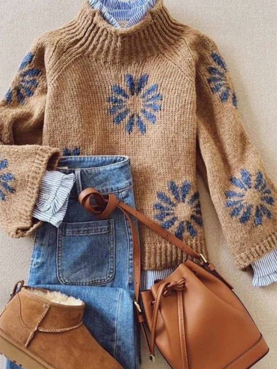 Khaki Floral Knit Sweater Women Ribbed Pattern N5A880 - Pages & Parcels