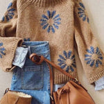 Khaki Floral Knit Sweater Women Ribbed Pattern N5A880 - Pages & Parcels