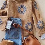 Khaki Floral Knit Sweater Women Ribbed Pattern N5A880 - Pages & Parcels