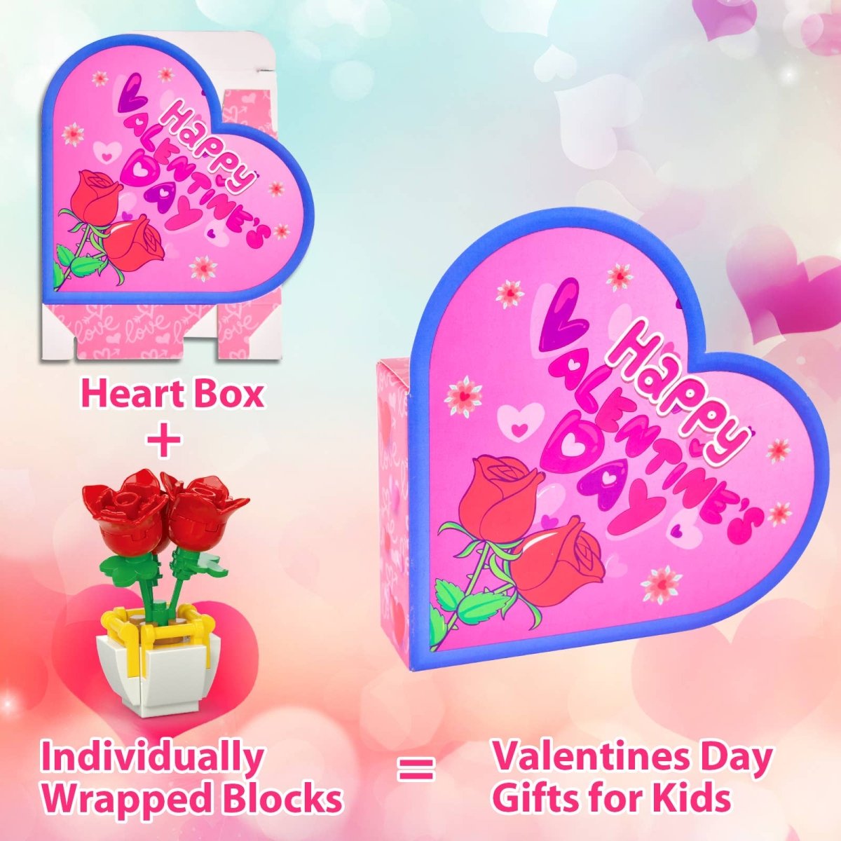 Kids' Valentine Heart Box & 24 Flower Heart Block Sets - Pages & Parcels