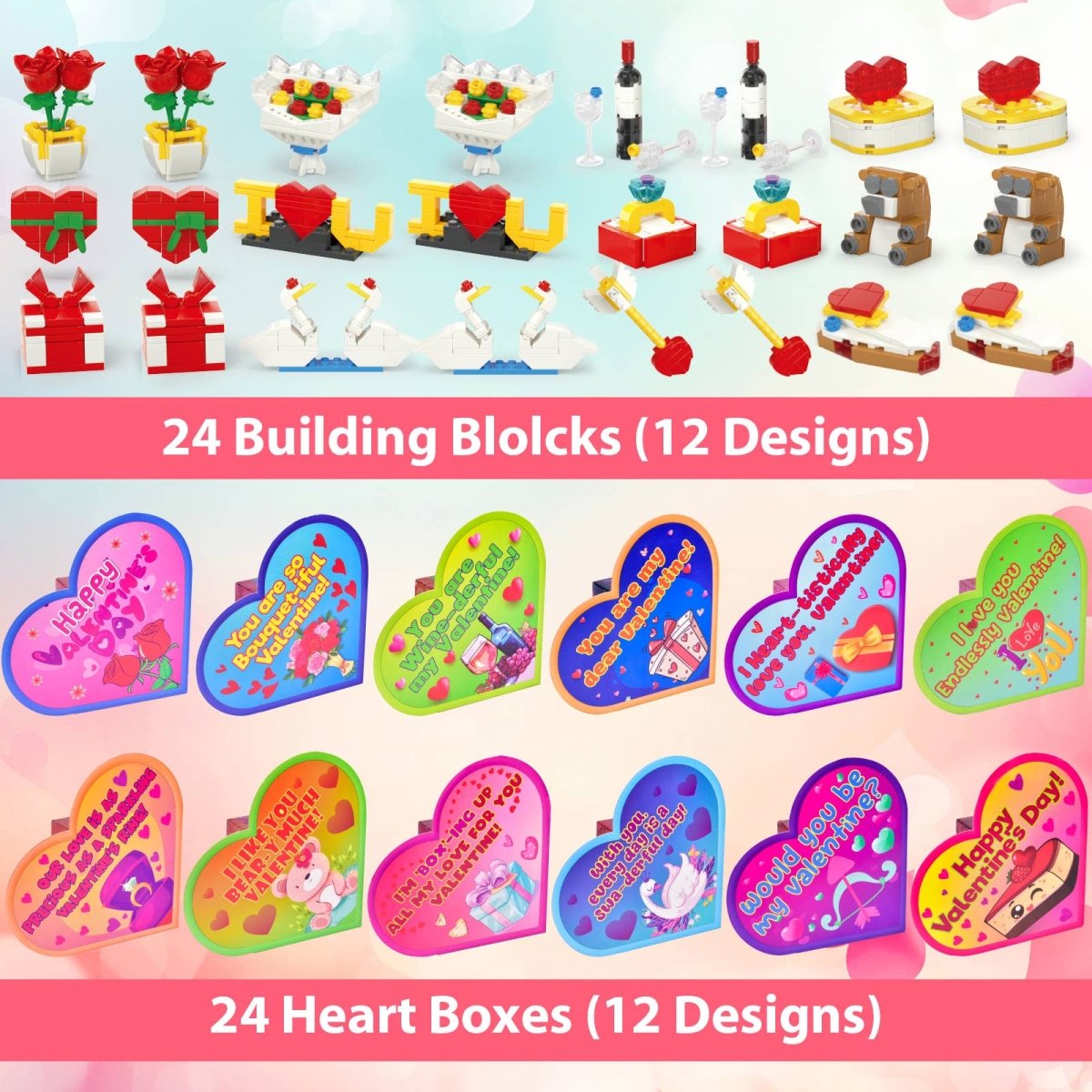 Kids' Valentine Heart Box & 24 Flower Heart Block Sets - Pages & Parcels
