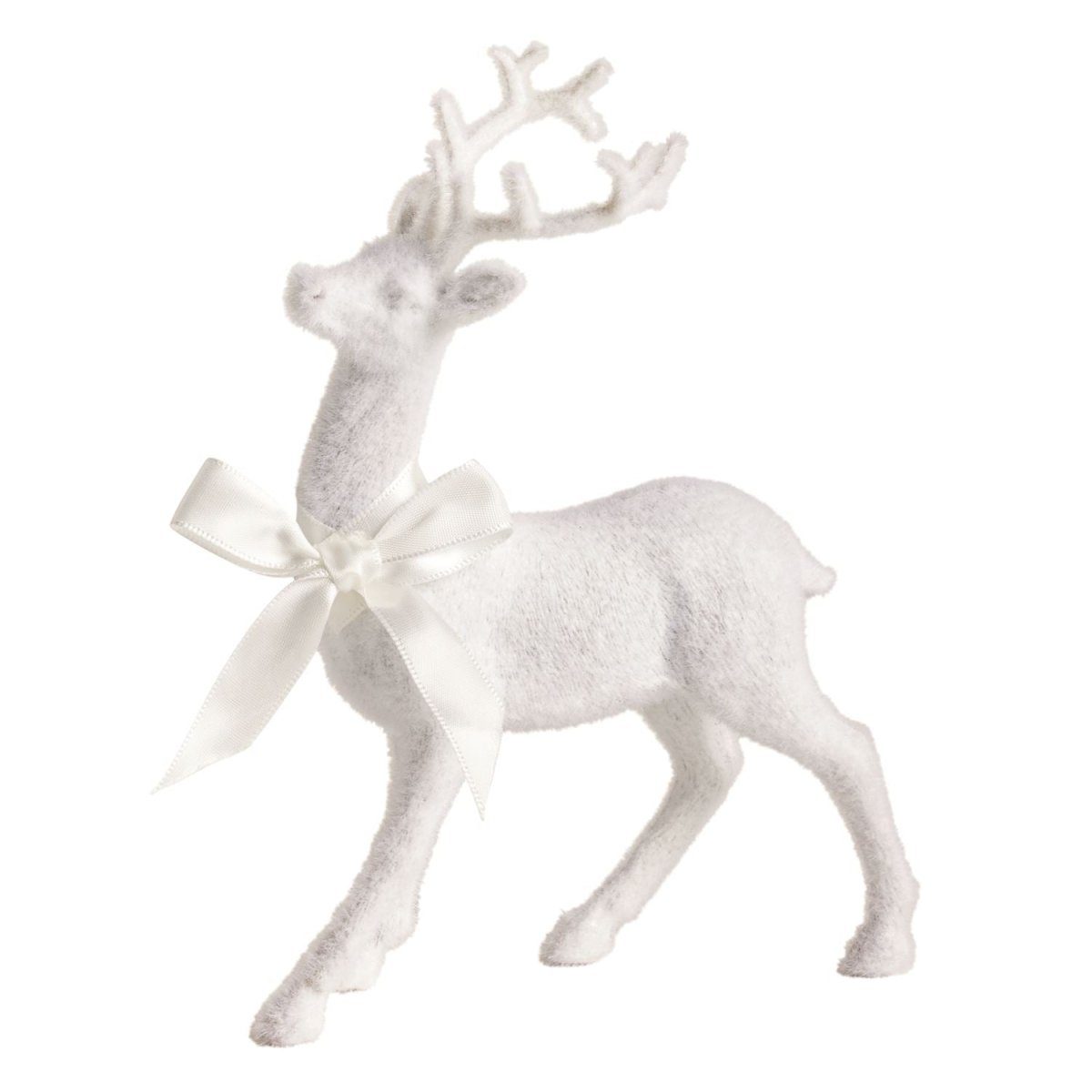 Flocked white reindeer sitter with a satin ribbon bow