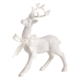 Flocked white reindeer sitter with a satin ribbon bow