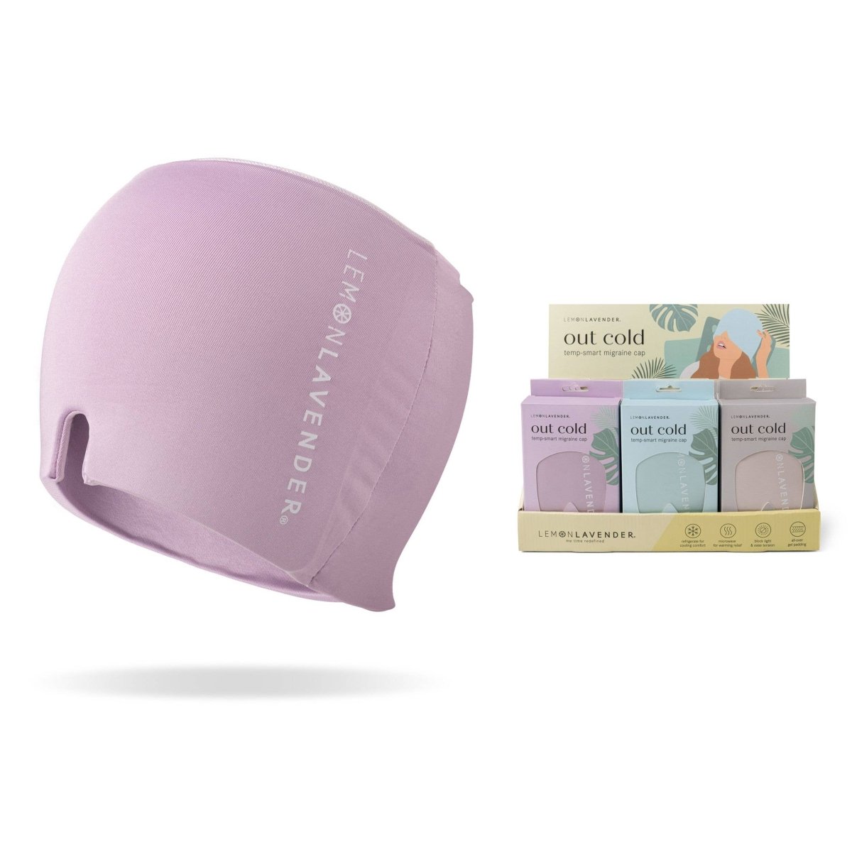 A gel-bead Lemon Lavender Out Cold temperature-smart migraine relief cap