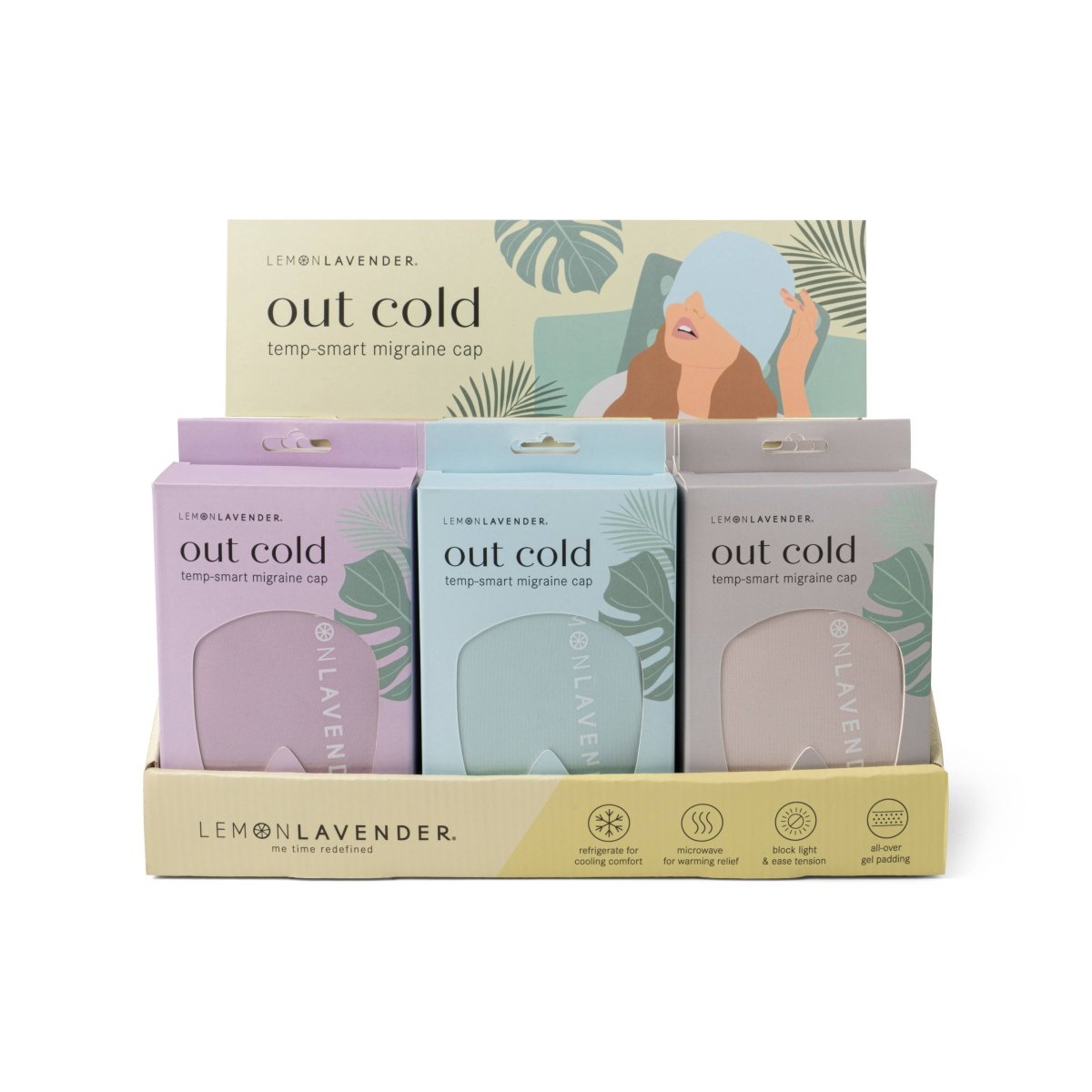 A gel-bead Lemon Lavender Out Cold temperature-smart migraine relief cap