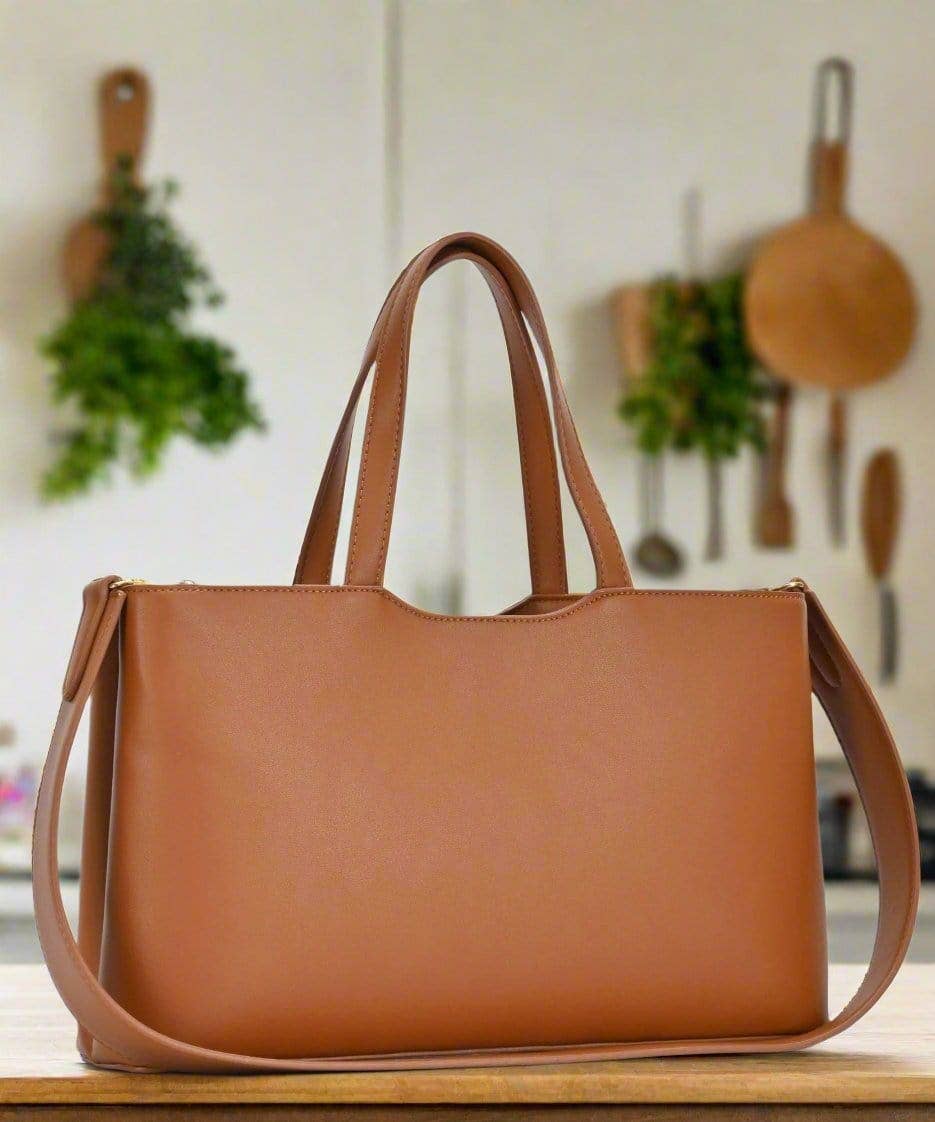 Leonetta Three Compartment Women's Satchel Tote Bag: Taupe - Pages & Parcels
