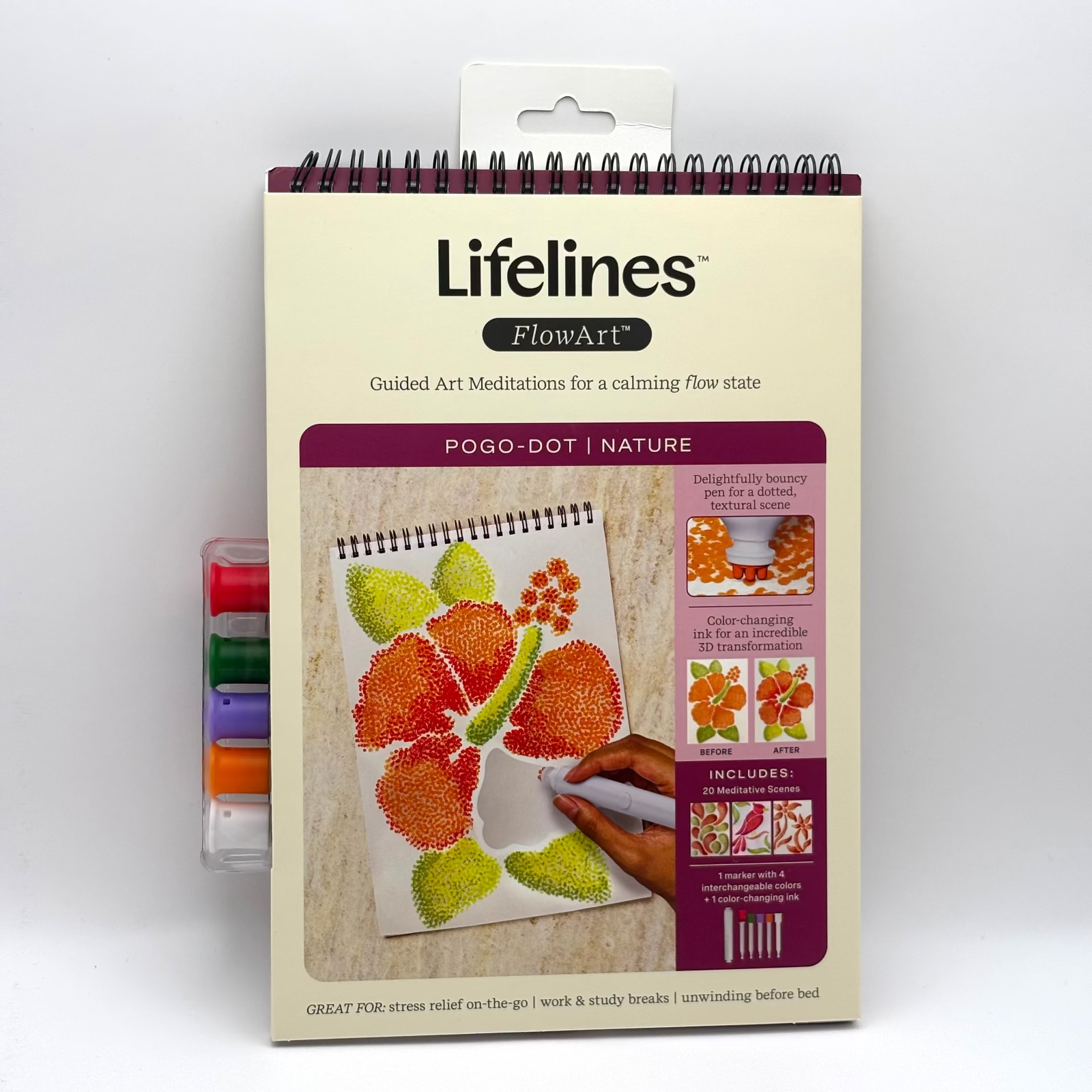 Packaging of Lifelines FlowArt art set with colorful markers on a white background