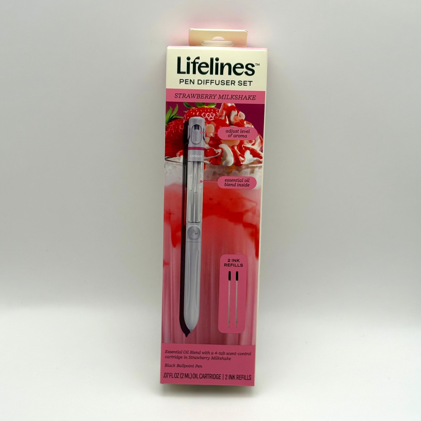 Lifelines pen diffuser set packaging with strawberry milkshake flavor on a gray background