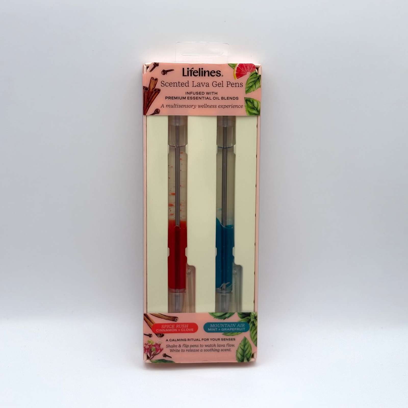 Packaged set of Lifelines scented lava gel pens with red and blue ink on a white background