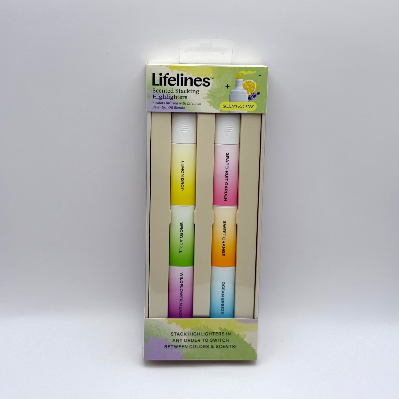 Packaged set of Lifelines scented stacking highlighters on a gray background