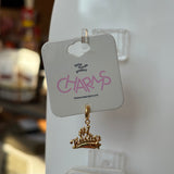 Gold #1 teacher charm on a card with 'little words project CHARMS' branding.