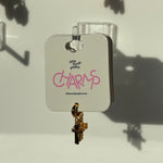 Cross keychain with 'CHARMS' charm on a card labeled 'little words project' against a light background