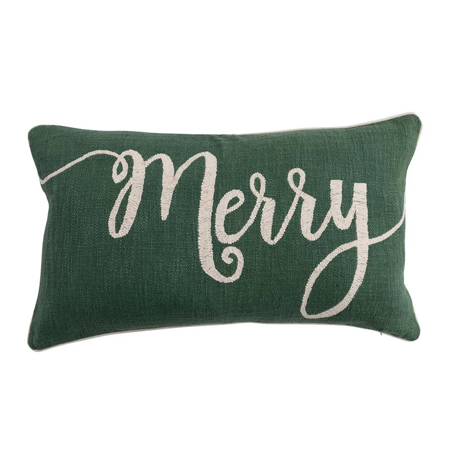 Lumbar Pillow with Embroidered "Merry" - Pages & Parcels