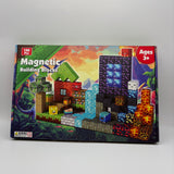 Box of magnetic building blocks with colorful graphics and text on a white background