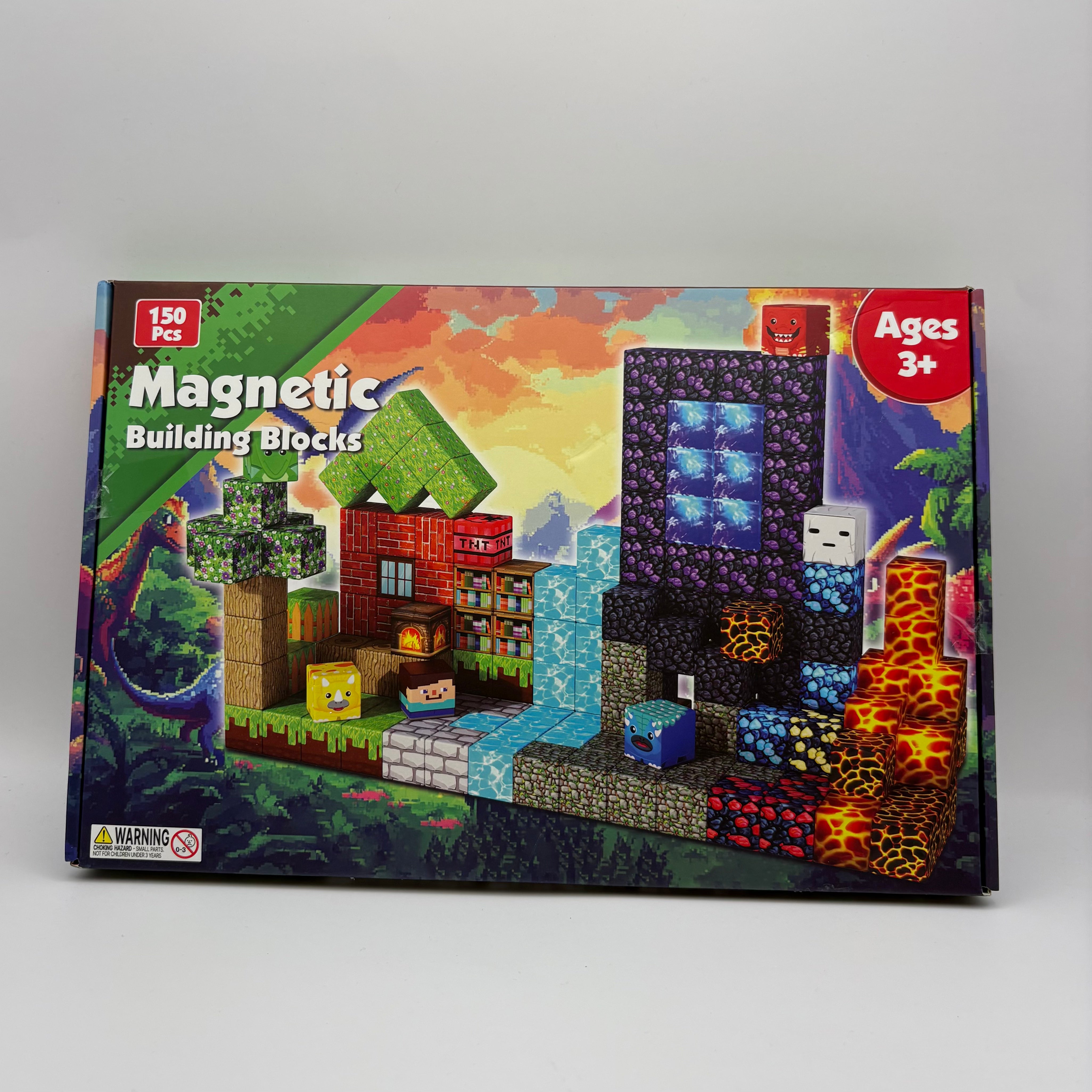 Box of magnetic building blocks with colorful graphics and text on a white background