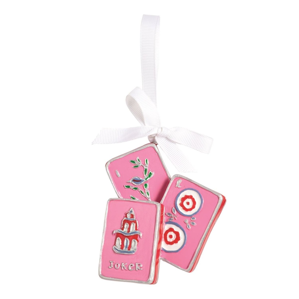 Enamel-coated mahjong tile ornament with a grosgrain ribbon hanger
