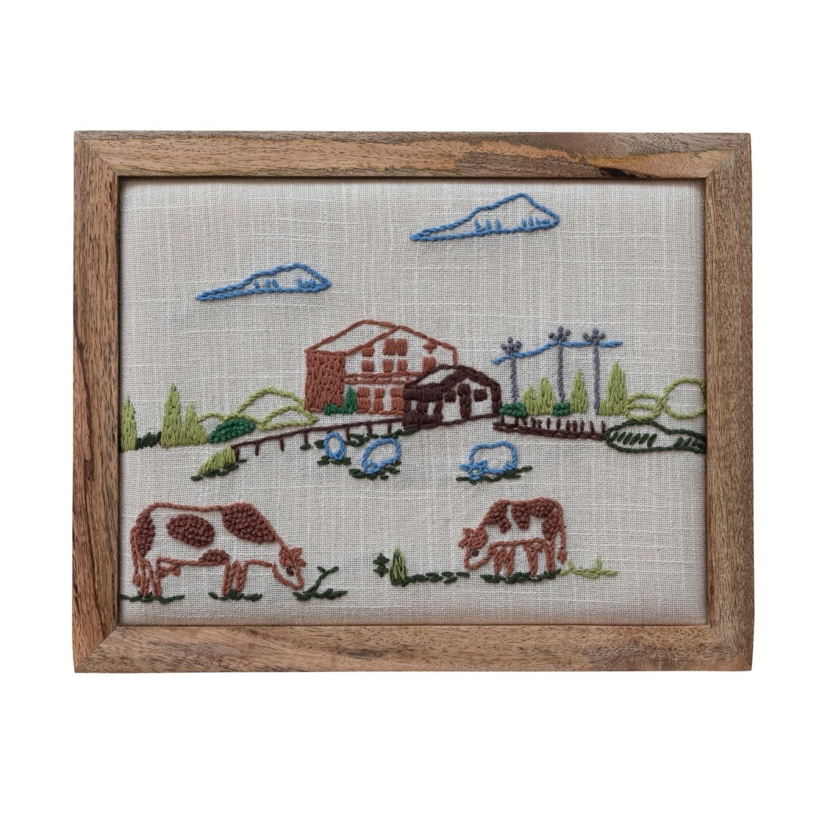 Mango wood framed wall decor featuring cotton embroidered farm and animal imagery