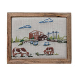 Mango wood framed wall decor featuring cotton embroidered farm and animal imagery