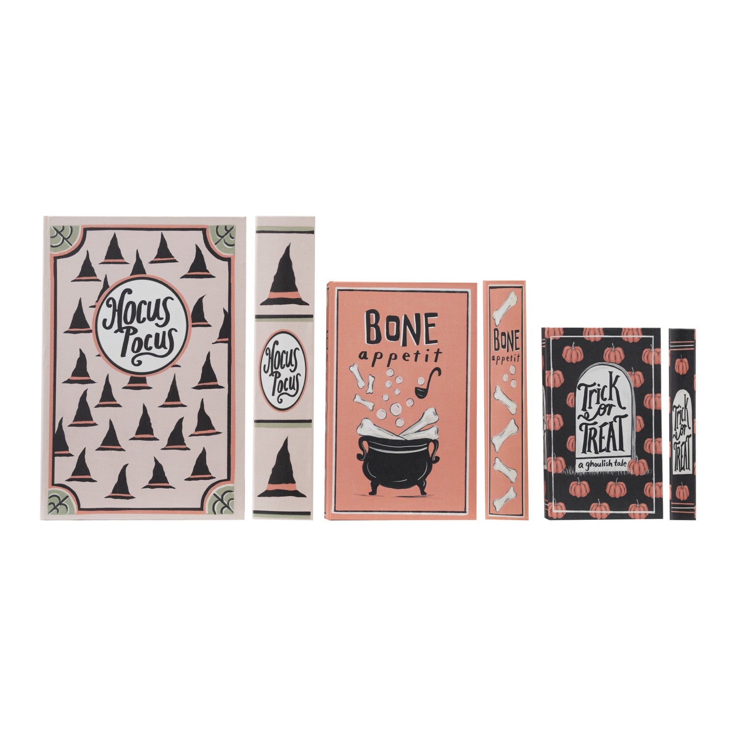 A set of three MDF and canvas book storage boxes printed with Halloween designs