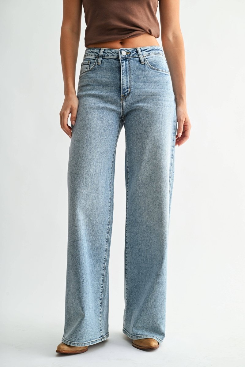 Medium wash high-rise stretchy wide leg jeans