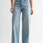 Medium wash high-rise stretchy wide leg jeans