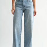 Medium wash high-rise stretchy wide leg jeans