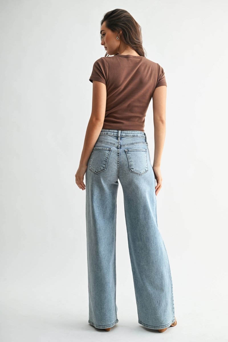Medium wash high-rise stretchy wide leg jeans