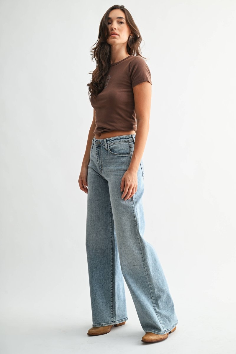 Medium wash high-rise stretchy wide leg jeans
