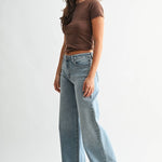 Medium wash high-rise stretchy wide leg jeans