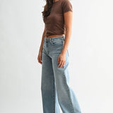 Medium wash high-rise stretchy wide leg jeans