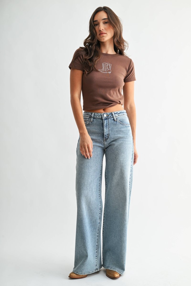 Medium wash high-rise stretchy wide leg jeans