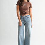 Medium wash high-rise stretchy wide leg jeans