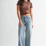 Medium wash high-rise stretchy wide leg jeans