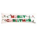 Long cotton holiday pillow with a felted wool Merry Christmas appliqué and beaded lights