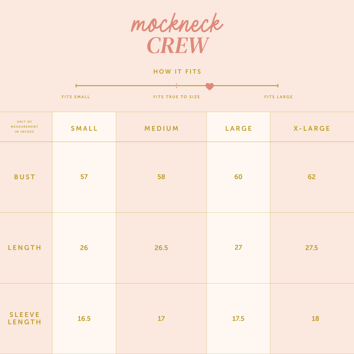 Size chart for 'mockneck CREW' with measurements in inches on a light pink background.