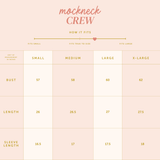 Size chart for 'mockneck CREW' with measurements in inches on a light pink background.