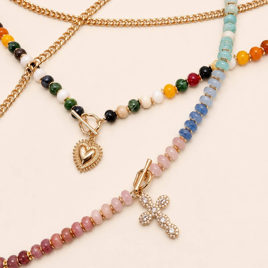 Multi layer gold-tone necklace with resin beaded pendant