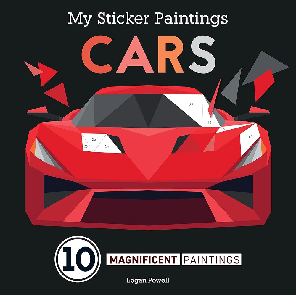 My Sticker Paintings: Cars: 10 Magnificent Paintings (Happy Fox Books) Sticker-by-Number for Kids 6-10 - F1, Motocross, Go-Karts, and Race Cars, with 36 to 110 Removable, Reusable Stickers per Design cover image