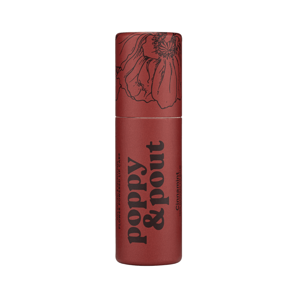 Red lipstick tube with floral design and 'Poppy & Pout' branding on a green background