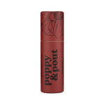 Red lipstick tube with floral design and 'Poppy & Pout' branding on a green background