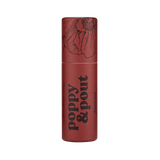 Red lipstick tube with floral design and 'Poppy & Pout' branding on a green background