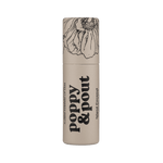 Lip balm container with 'Poppy & Pout' branding on a green background
