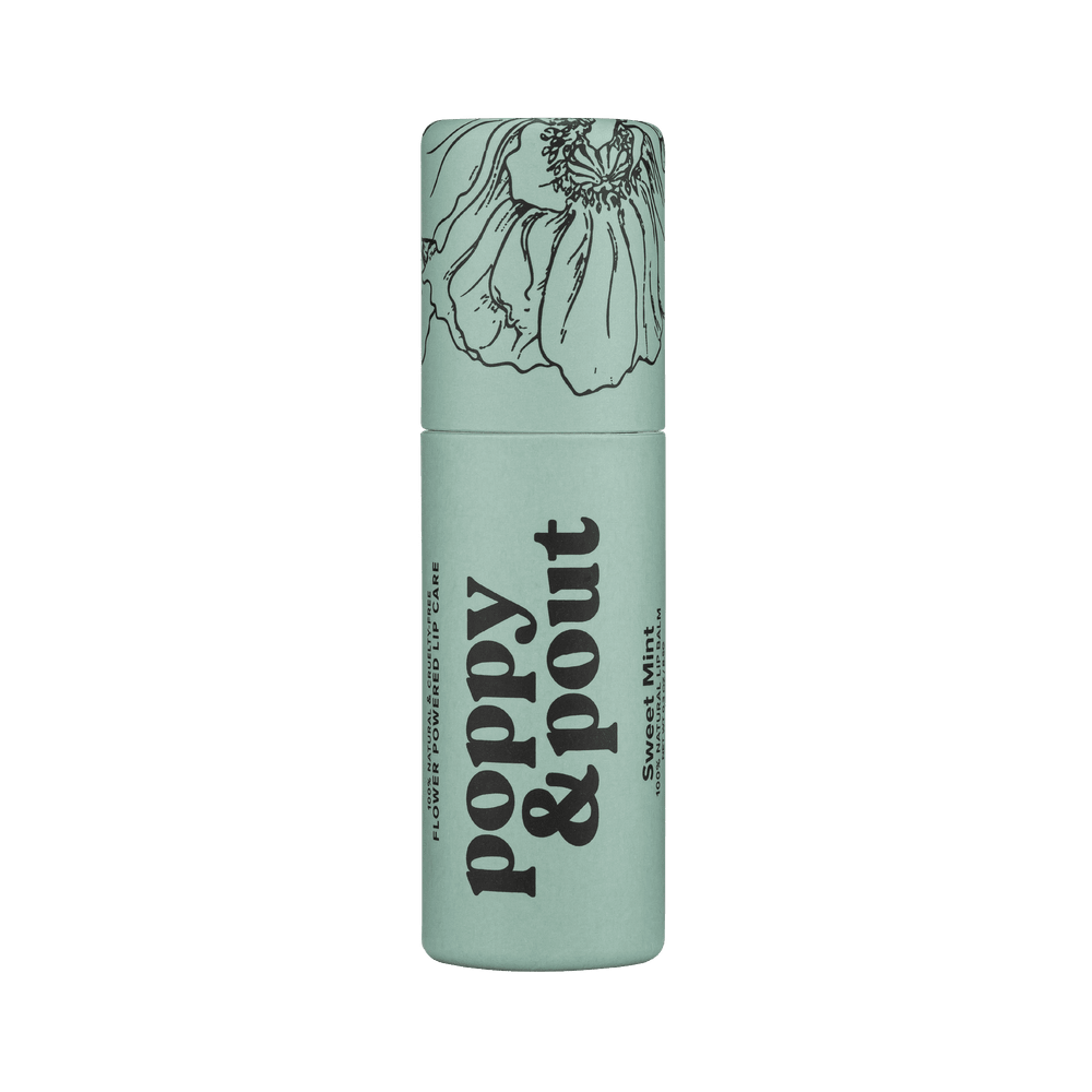 Lip balm container with 'Poppy & Pout' branding on a green background