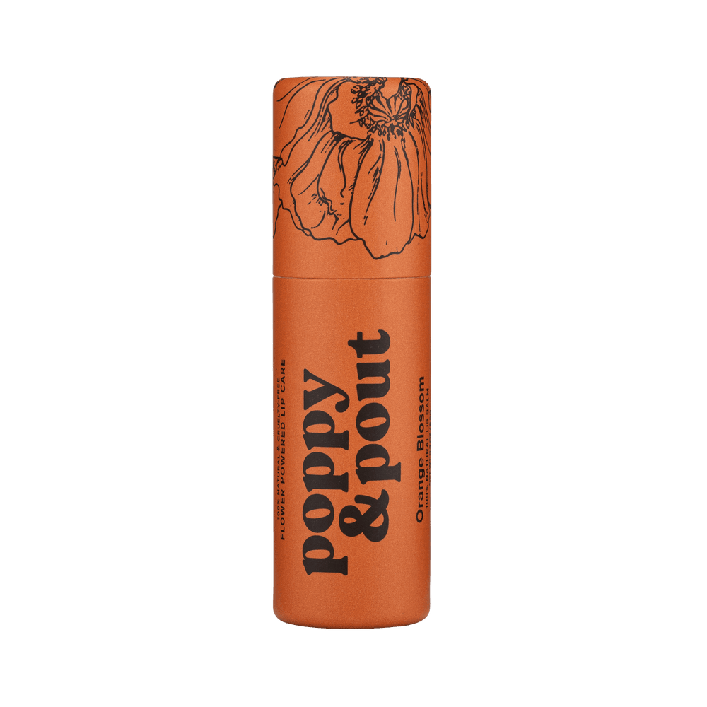 Orange cylindrical container with floral design and 'Poppy & Pout' branding on a green background