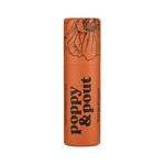 Orange cylindrical container with floral design and 'Poppy & Pout' branding on a green background