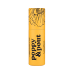 Yellow cylindrical container with floral design and 'Poppy & Pout' branding on a green background