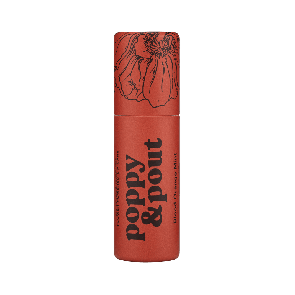 Lip balm container with floral design and 'Poppy & Pout' branding on a green background