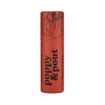 Lip balm container with floral design and 'Poppy & Pout' branding on a green background