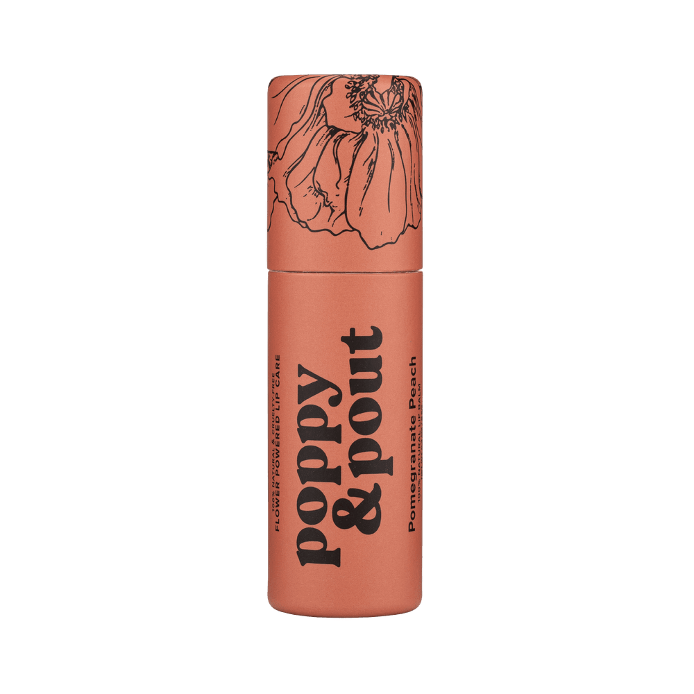 Lip balm container with 'Poppy & Pout' branding on a green background
