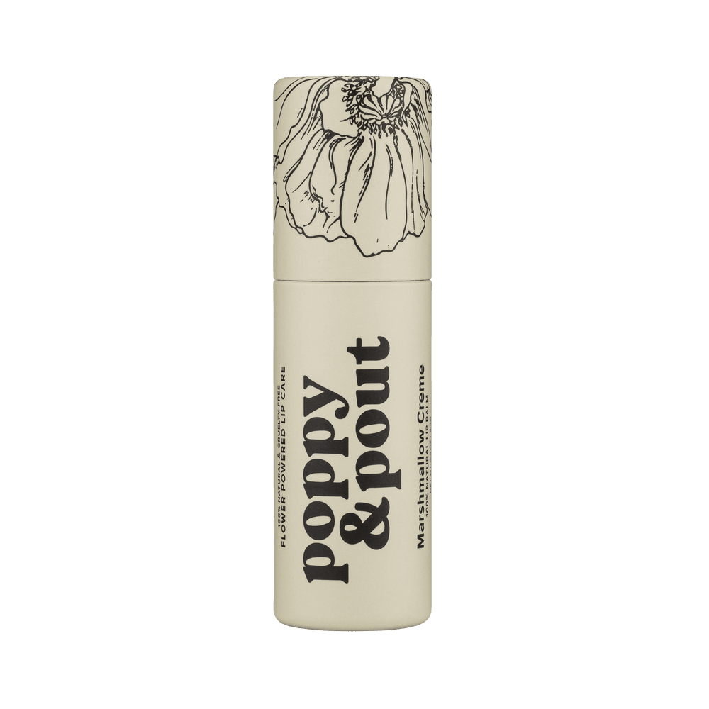 Lip balm container with 'Poppy & Pout' branding on a green background